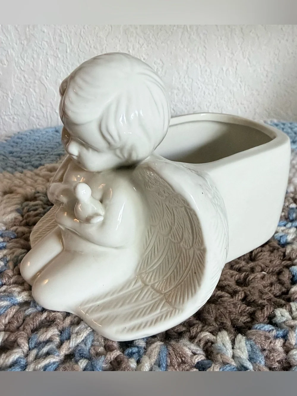 Vintage Ceramic Cherub Angel Holding a Bird Planter